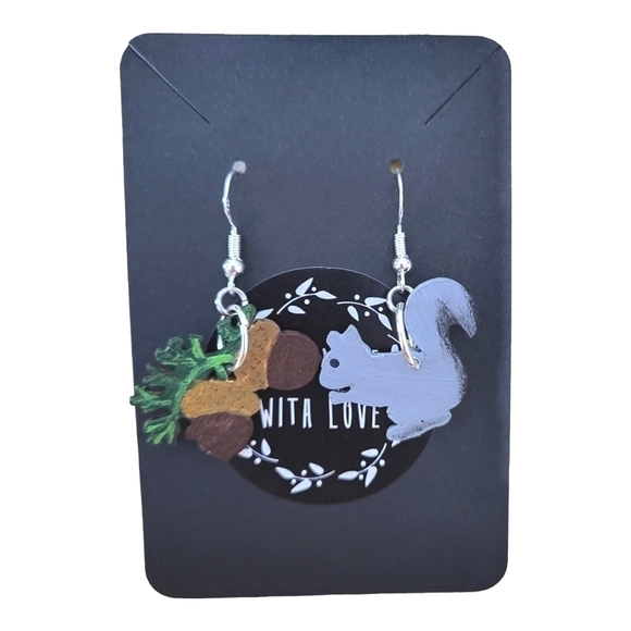 Handcrafted Wood Squirrel and Acorn Earrings - Picture 2 of 3